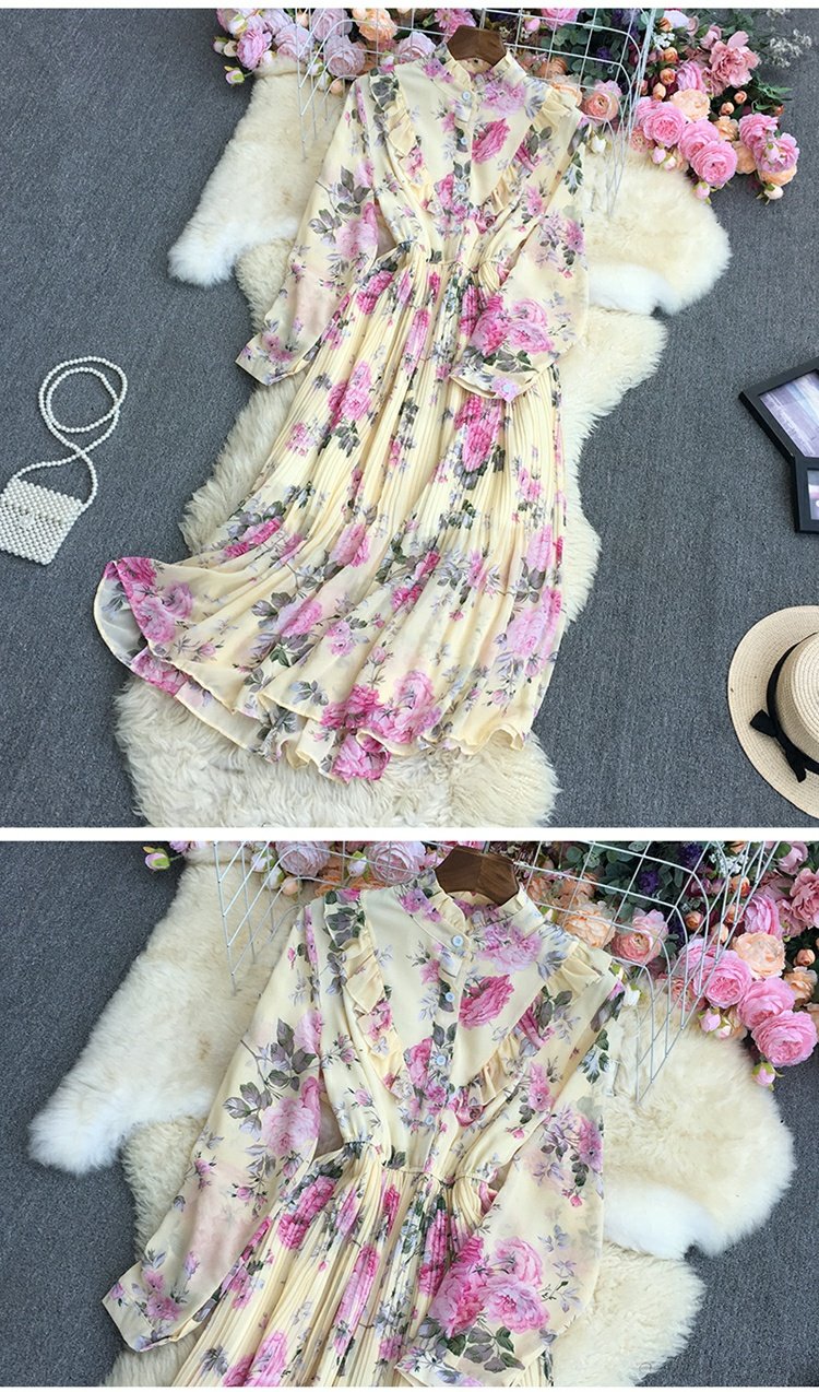 vestido ajustado con estampado de flores y volantes de manga larga NSYXG124273