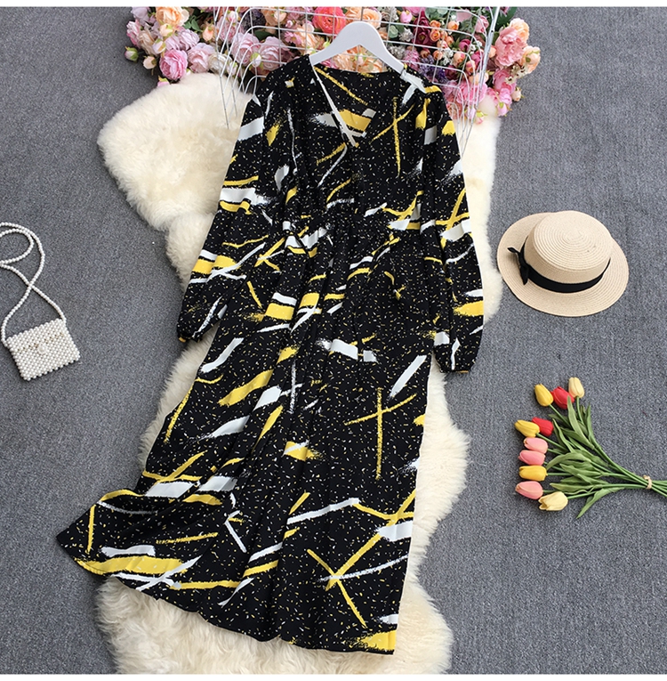 print Long large swing V Neck Pocket Long Sleeve Dress NSYXG133610