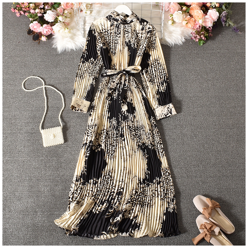 pleated print long sleeve lace-up stand collar long dress NSYXG132963