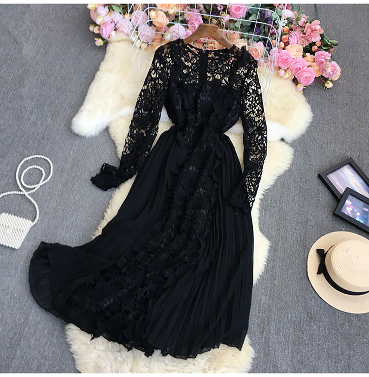 chiffon lace pleated long sleeve large swing ruffle dress (multicolor) NSYXG124857