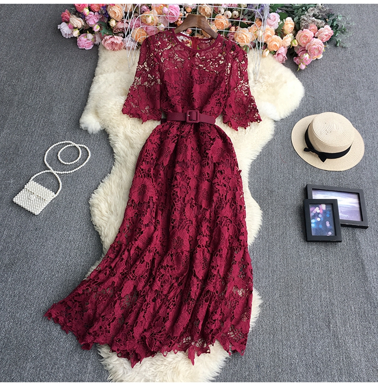 Short Sleeve round neck large swing long solid color Lace Dress NSYXG133475