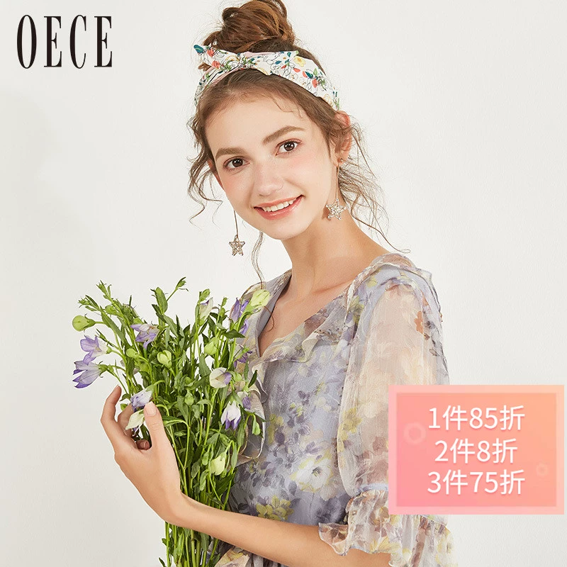 Váy nữ mới mùa hè của Oece, cổ bẻ thắt nơ chữ V, váy hoa eo cao cổ tích nhẹ nhàng - Váy eo cao