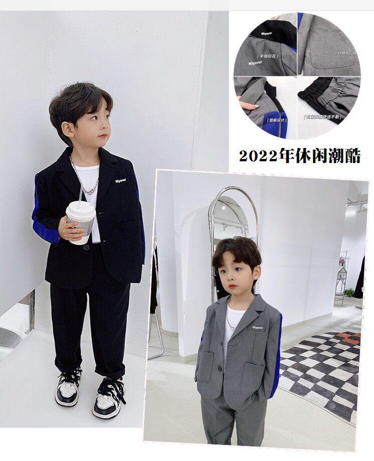 Boy Han edition Fried Street West Suit Suit Handsome and casual foreign English Fashion 2022 Spring Dress Children Grey Suit