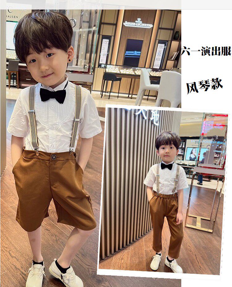 Boy short sleeve white shirt with baby bag pants suit to perform the 2022 summer new Korean version of the show host the gown