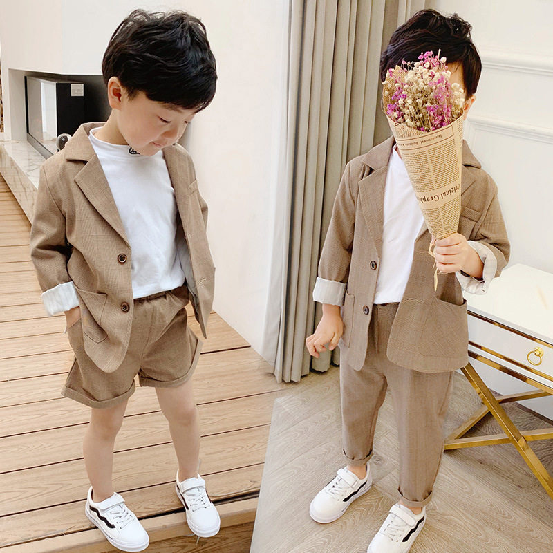 Boys plaid suit suit khaki color 2021 spring and summer new children's casual British Korean suit for children
