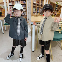 Boys shirt English style thin khaki loose casual 2021 spring and autumn Korean version of foreign style black childrens shirt