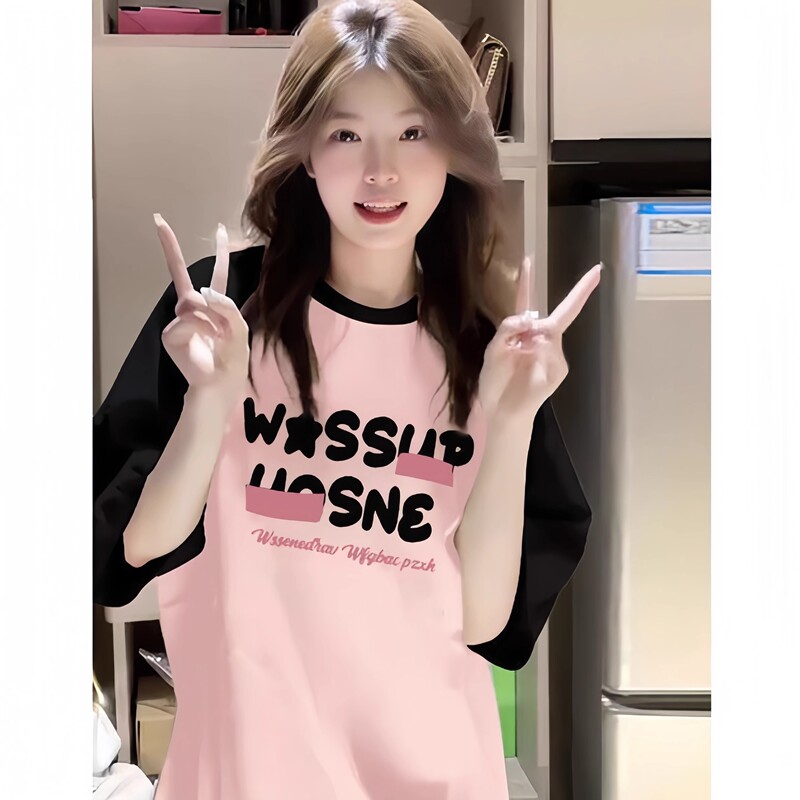 Color-Block Dopamine Raglan Short-Sleeve T-Shirt for Girls, Summer Wear 2025, Loose Half-Sleeve Top for Middle and High School Students