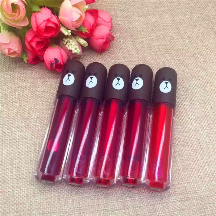 Hạn chế Linfs Gấu cắn môi trang điểm son môi dạng lỏng rouge nước son bóng nhuộm môi lỏng không dính cốc dì đỏ cam - Son bóng / Liquid Rouge 	son bóng merzy bảng màu	