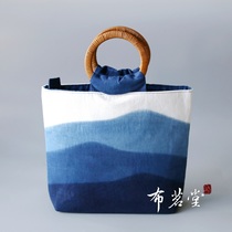 Bumingtang mountain-shaped gradient tie-dye handbag rattan round bamboo handle hand-made tie-dye plant indigo dyeing