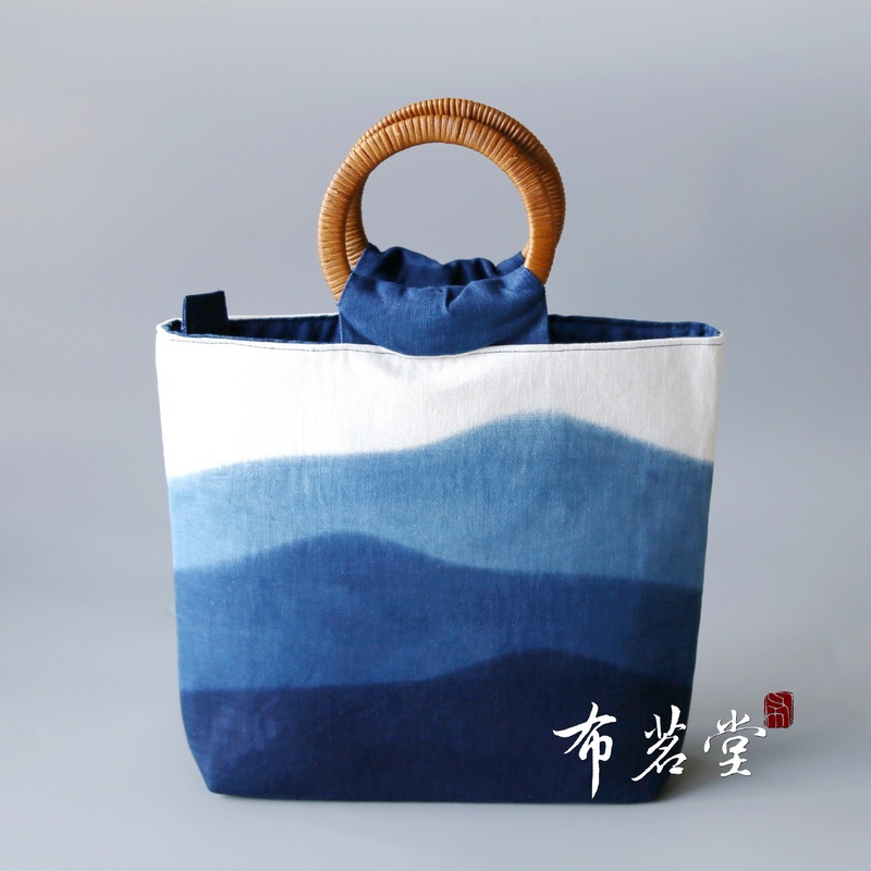 Bumingtang Mountain-Shaped Gradient Tie-Dye Handbag Rattan Round Bamboo Handle Handmade Tie-Dye Plant-Dyed