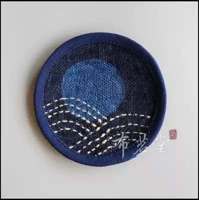 Cloth Mingtang handmade cloth stick embroidered cotton linen round coaster plant blue dyed fabric coaster tea mat