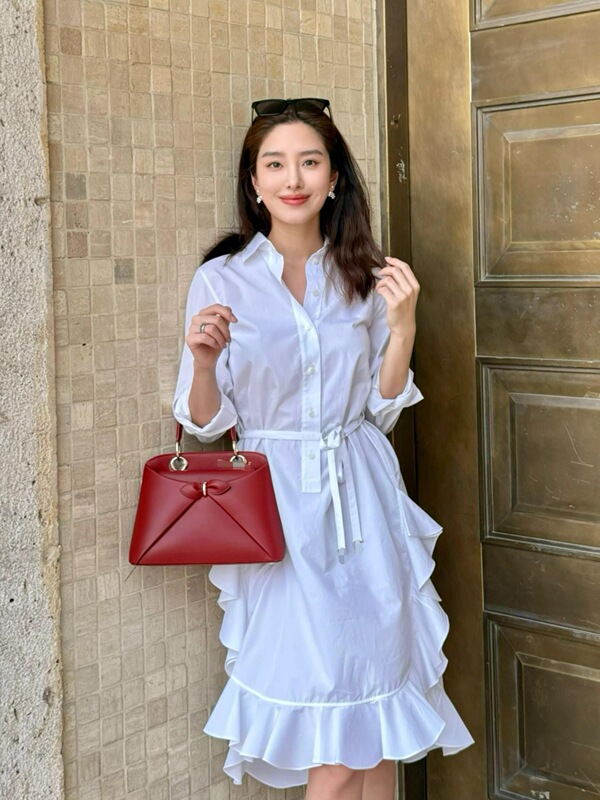 Yang Caiyu's Same Style Ol Commuter Artistic White Long-Sleeve Shirt Dress with Waist Tie and Ruffles, Elegant Dress for Women
