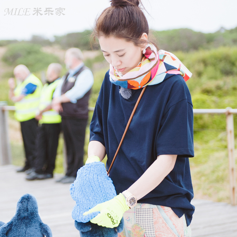 Wife's Romantic Journey Yuan Yongyi's Same Style Navy Blue Short-Sleeved T-Shirt Base Layer Round Neck Versatile Top Trendy