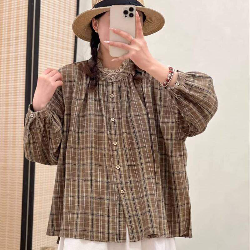 Autumn New Style Sweet Mori Girl Lace Trim Stand Collar Twill Brushed Cotton Plaid Shirt Loose Plus Size Versatile Top