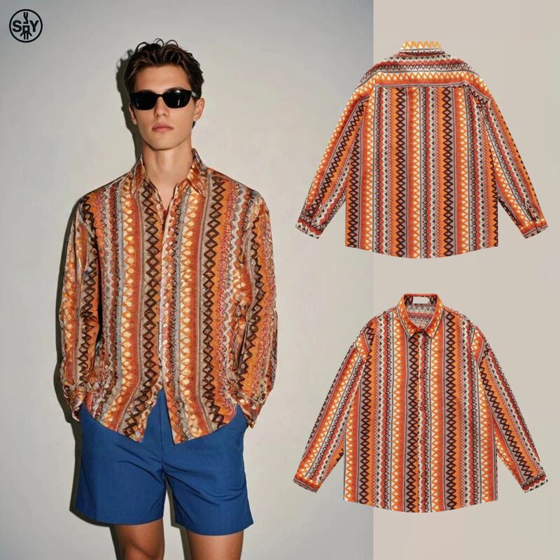 【S&Y】Indian Pattern Retro Orange Long-Sleeved Shirt for Men, Autumn and Winter Hippie Style Niche Trendy Brand Hollow Shirt