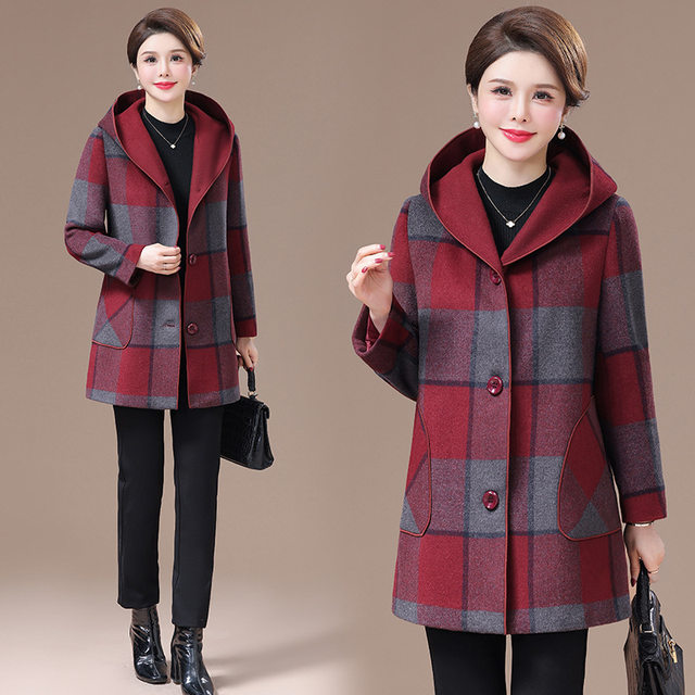 Middle-aged and elderly plaid mid-length cashmere jacket with western style