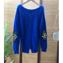 East gate Korea elegant rabbit hair autumn and winter warm round neck loose order bead sweater long sleeve cardigan top 0916