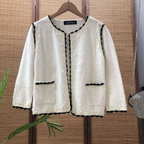 Small fragrant style short coral velvet long sleeve order beads short coat French niche casual cardigan shirt shirt top 0814