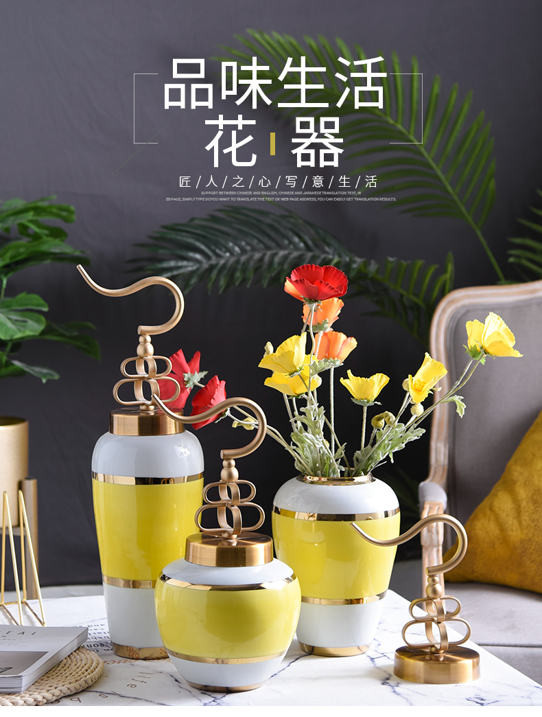 New Chinese style copper cover ceramic vase furnishing articles sitting room simulation flower arranging flowers dried flower decoration simple table decoration