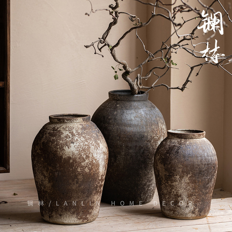 Lanlin Handmade Coarse Pottery Vase, Jingdezhen Antique-Style Imitation of Unearthed Pottery, Vintage Style Tea Room Zen-Style Floor-Standing Old Pottery Jar
