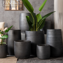 Nordic Jingdezhen ceramic large flower pot ornaments living room modern simple green plant flower arrangement decoration black floor vase