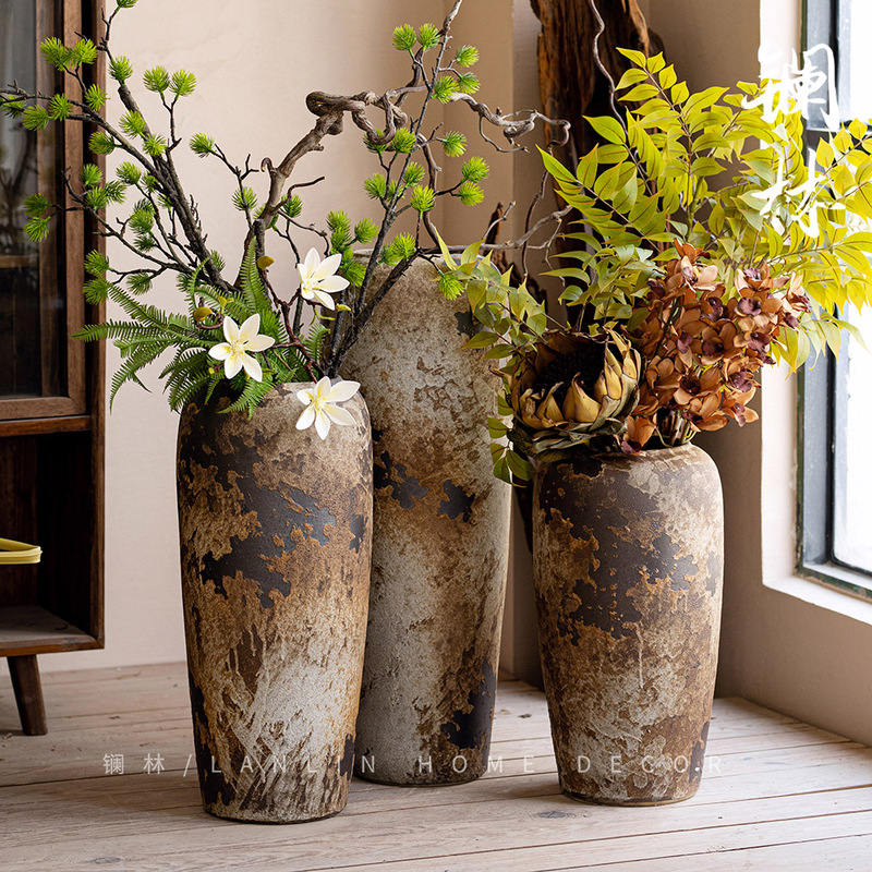 Floor-Standing Large Vase Ceramic Ornaments Chinese Retro Pottery Jar Living Room Hotel Decorations Flower Arrangement Dried Flowers Coarse Ceramic Vase
