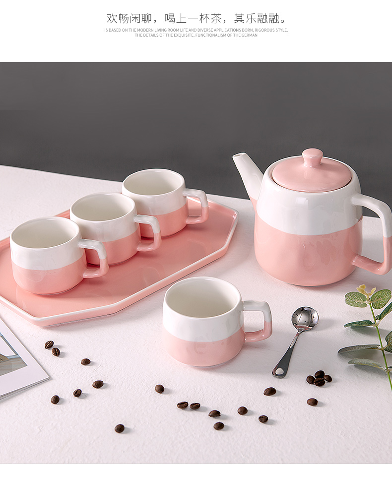 The Home is pure and fresh and camellia tea in the afternoon tea set of ceramic tea cup teapot cold pot with water in a suit