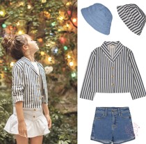 Sema warmed Louis Louise22SS French style girl striped small suit jacket denim shorts fisherman hat