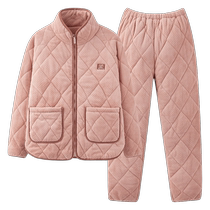 Pajamas for couples winter three-layer quilted plus velvet thickened mens and womens suits 2024 winter new style coral velvet quilted