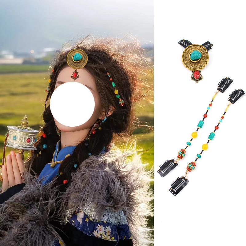 New Tibetan Ethnic Style Natural Stone Forehead Ornament Headpiece Tibetan Ethnic Side Clip Nepalese Hairpin Turquoise Eyebrow Ornament