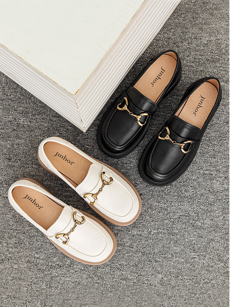 Golden Monkey Black Loafers Women's Spring Cowhide Soft Soled Shoes Retro Thick Heels British Style Women's Small Leather Shoes Women's Shoes