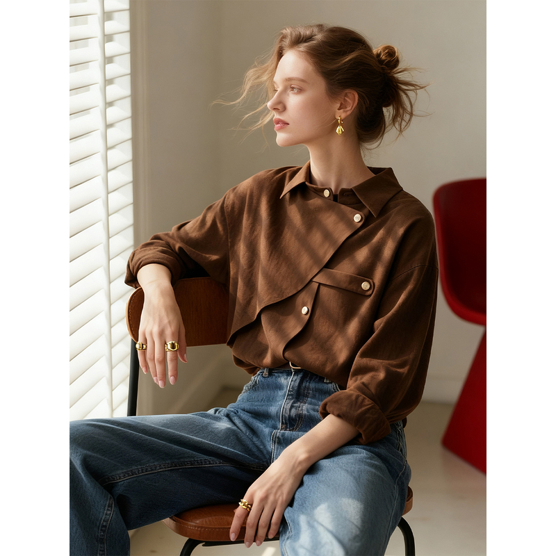 Coffee-Colored Brushed Shirt for Women, 2025 Autumn and Winter New Style, Melard Layered Shirt with Unique Design, Non-Repetitive Top