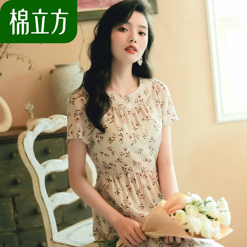 Váy hoa 2020 cotton mùa hè mới phổ biến phụ nữ retro hoa hồng đôi crepe lụa ngắn tay - Váy eo cao