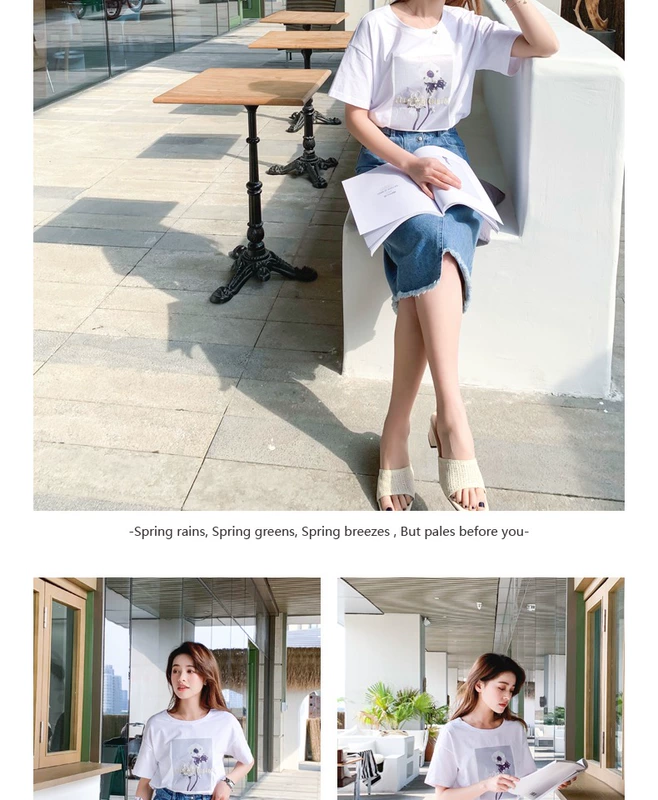 Áo thun cổ tròn cotton cotton nữ 2019 mới handmade đính cườm thêu ba chiều hot map in ngắn tay hương vị Hồng Kông - Áo phông áo phông dài tay