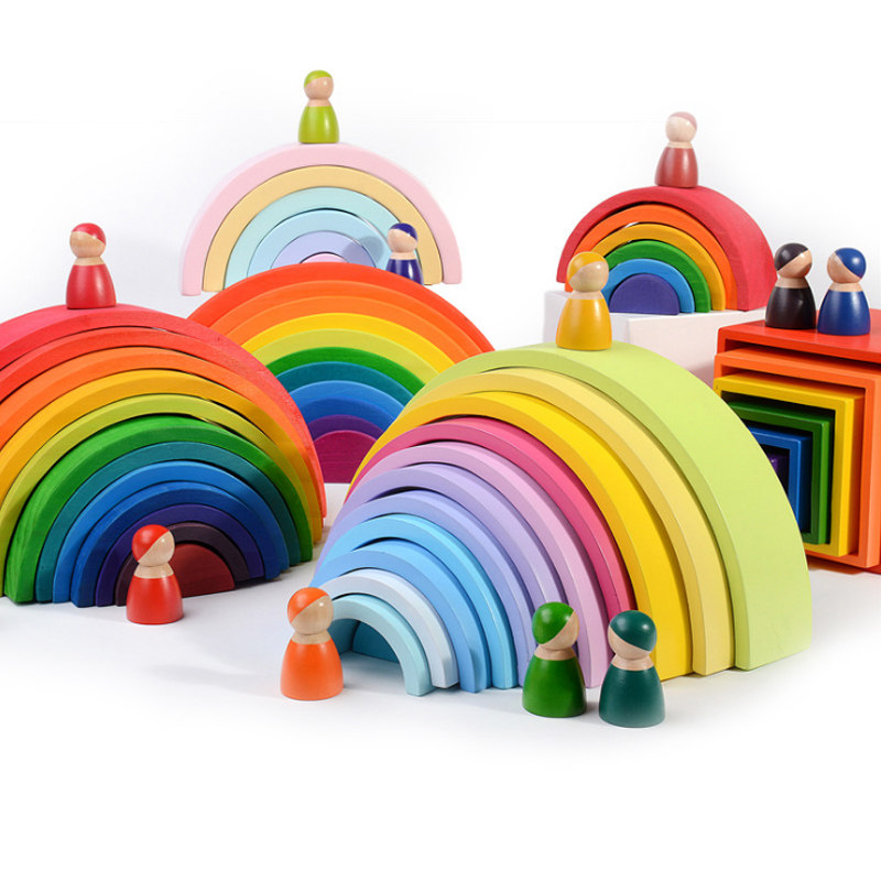 Solid wood rainbow blocks 12 pieces assembled to build creative building blocks toys adult decompression pile tower blocks