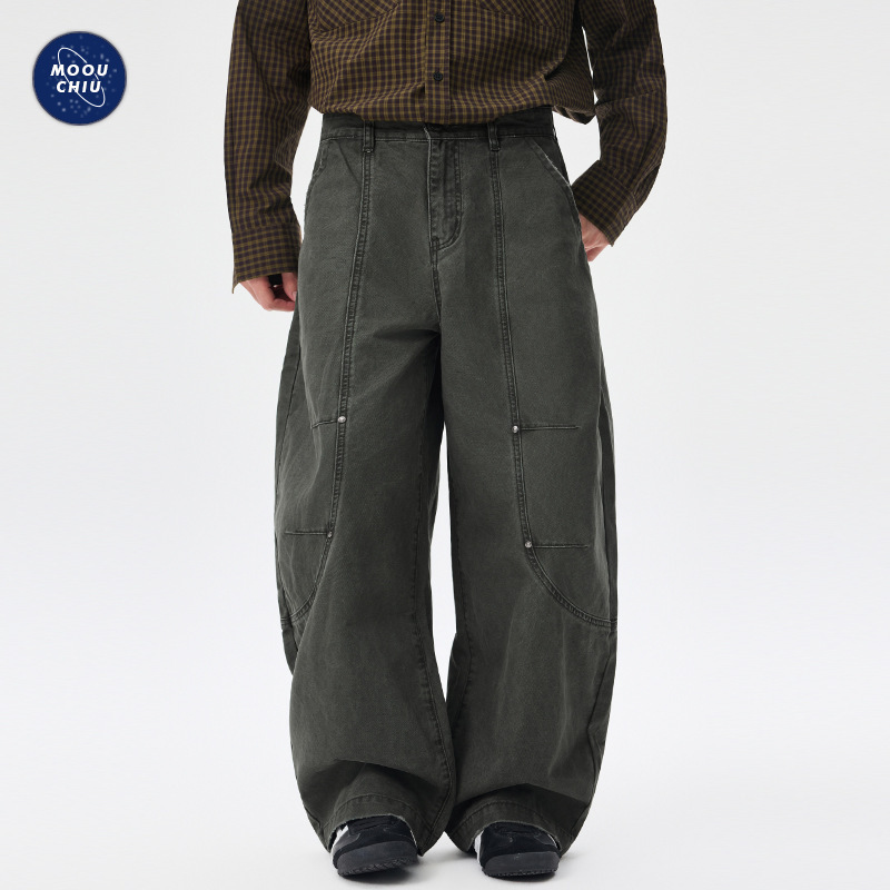 Muqiu Men's Wear | American Retro Workwear Street Style Casual Pants for Men with Deconstructed Design Cityboy Trousers
