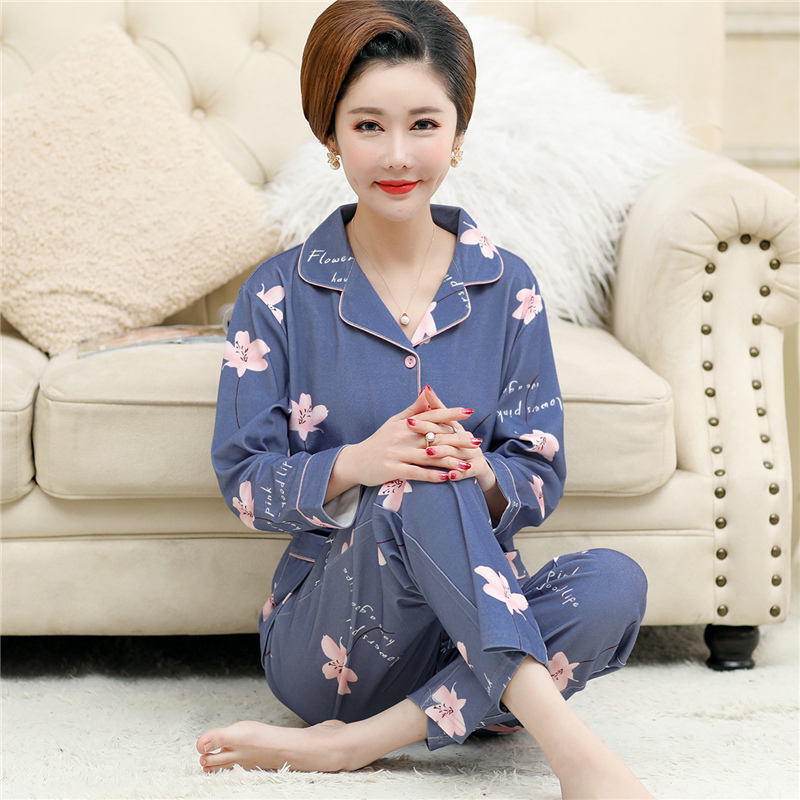 Pajamas for Women, Pure Cotton, Middle-Aged Mothers, Long-Sleeved, Spring and Autumn, All-Cotton, Mother-In-Law Set, Thin Style, Middle-Aged and Elderly Home Wear, Summer