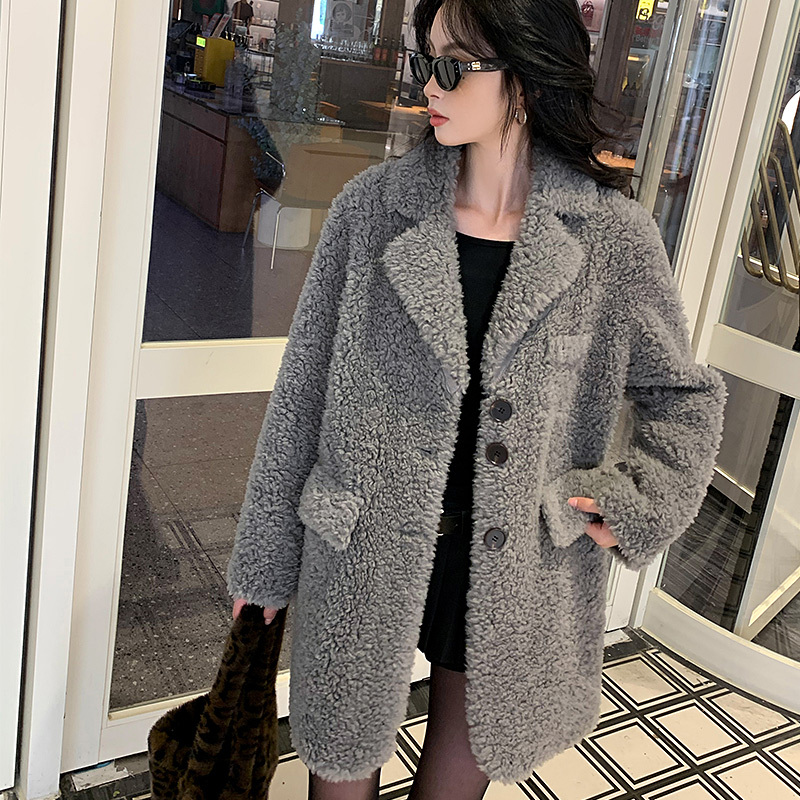 Lamb Wool and Fur Integrated Stylish Suit Collar Faux Fur Coat Winter Women's Shearling Mid-Length Coat