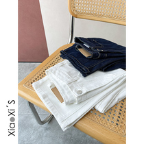 Little Hijijia) white spring autumn retro high waist display slim old daddy long pants loose straight cylinder wide leg pants jeans children