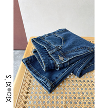 Little Hijijia) Spring autumn season 2022 New display slim small sub blue smoke tube pants high waist straight barrel jeans female