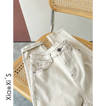 Little Hicks) 2022 light-coloured rice white almighty Korean version 100 lap 90% PANTS JEANS Pants Straight Barrel Pants Women