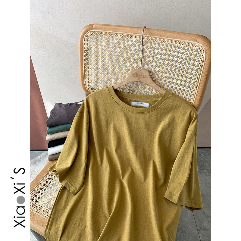 Xiaojia 2022 new round - sleeved short - sleeved loose T - shirt base casual and pure - colored tops Han edition