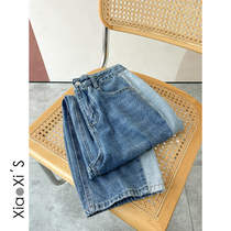 Little Hijibe) wide-legged jeans Women 2022 Spring splicing display slim design feeling old daddy straight tube pants foreign air