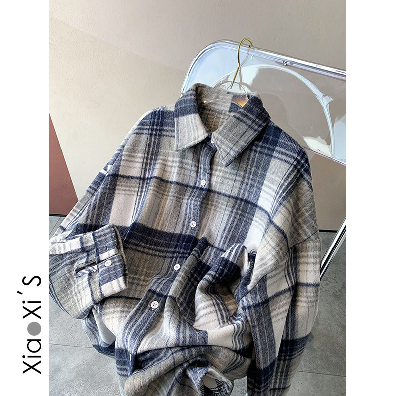 Xiao Shijia) 2022 Spring South Korea Grinders Shirts Women Loose 100 Lapped Retro Plaid Lining Coat Jacket Blouse Tide