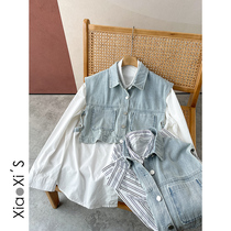 Little Hijijia) 2022 New spring break Two denim Stripes Splicing Loose Shirt Woman Long Sleeve Shirt Jacket
