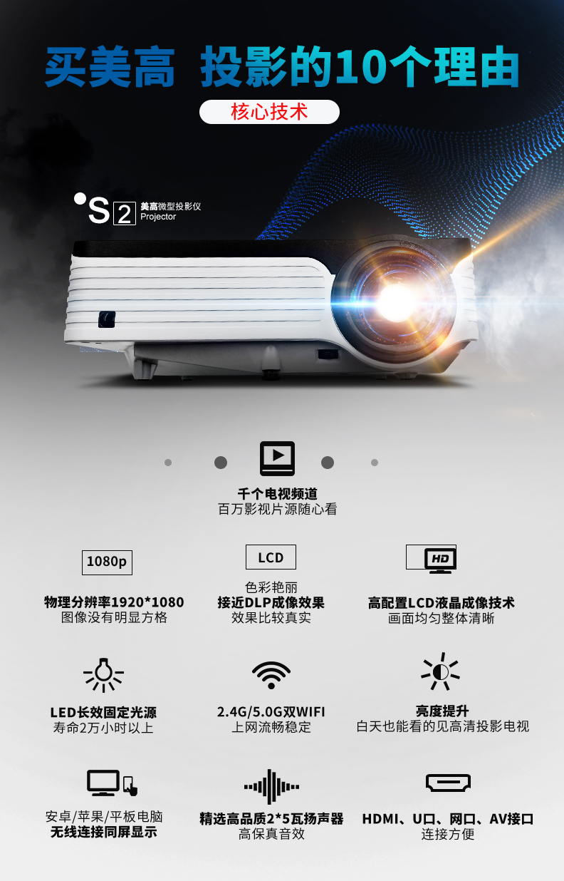 New meigao s2 máy chiếu gia đình HD 4k true 1080p rạp hát tại nhà thông minh micro máy chiếu điện thoại di động tường không có màn hình TV phòng ngủ bóng thanh chân phòng tắm văn phòng nhỏ - Máy chiếu