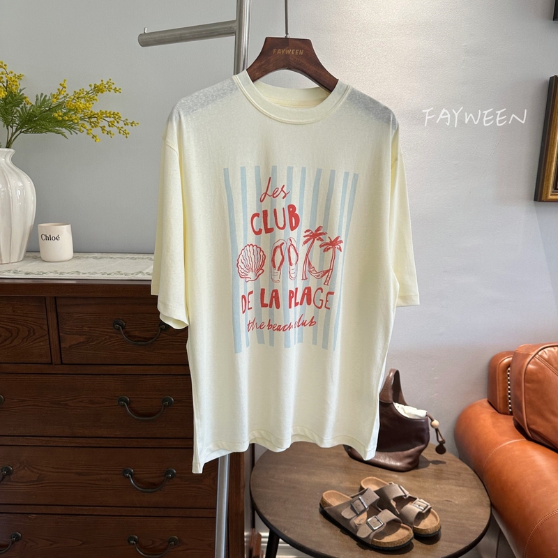 【Fayween】26 Summer New Style Lightweight Breathable Linen Cotton Blue Striped Shell Print Short Sleeve T-Shirt for Women, Loose Fit 【Fayween】26 Summer New Style Lightweight Breathable Linen Cotton Blue Striped Shell Print Short Sleeve T-Shirt for Women, Loose Fit