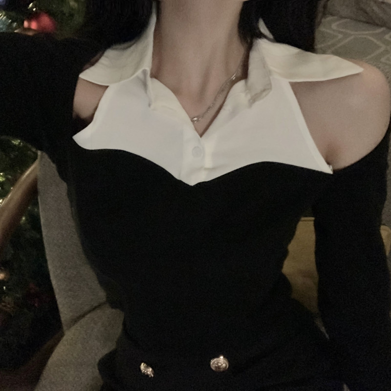 Real shot real price 2020 autumn / winter new design sense sexy slim fitting stitching shirt + irregular skirt pants shorts