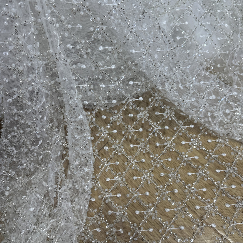New Lace Embroidery with Crystal Sequins and Small Pearls, Designer Fabric for Wedding Dresses New Lace Embroidery with Crystal Sequins and Small Pearls, Designer Fabric for Wedding Dresses