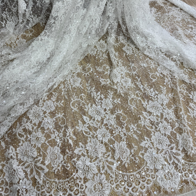 3m Eyelash Sequin Beaded Lace Embroidered Mesh Fabric Wedding Dress Lace Beaded Flower Sequin Tulle